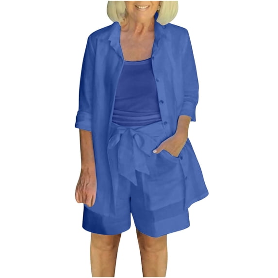 Women's Cotton Linen 3 Piece Outfit Clearance Loose Clothes for Ladies Solid Color Soft Tracksuits Elegant Lounge Sets Casual Sleeveless High Waisted Shorts Set Button Down Shirt Blue S