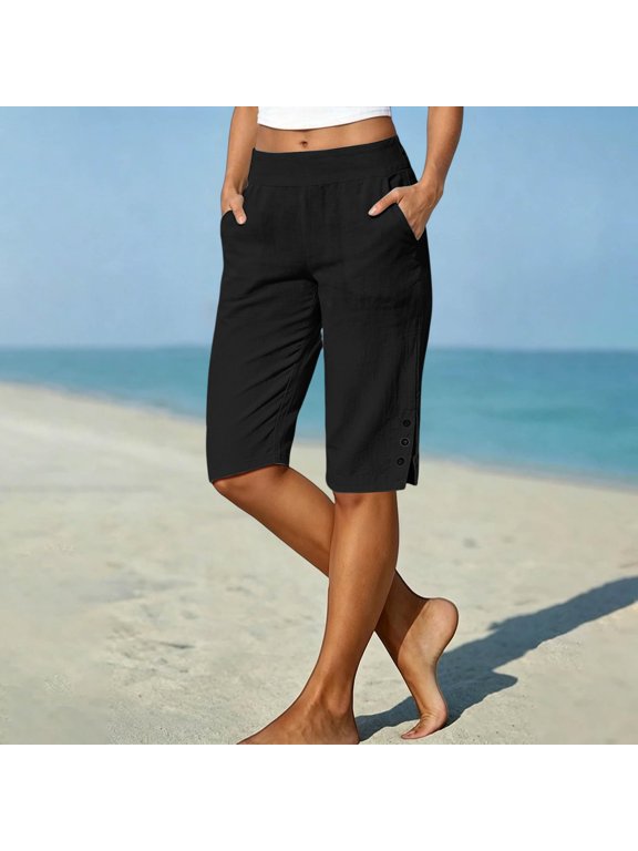 Women's Cotton Linen 5" Shorts, Solid Five Points Casual Summer Half Pants for Women, Button Side Slit Elastic Waist Shorts with Side Pockets, Mid Length Daily Casual Cotton Linen Shorts Black L