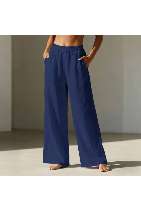 Women's Cotton Linen Ankle Pants Drawstring High Waist Straight Leg Casual Nine Pants for Spring and Fall Dark Blue L