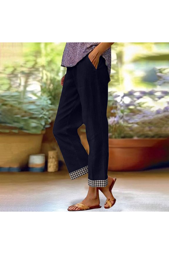 Women's Cotton Linen Ankle Pants, Plaid Patchwork Hem and Elastic Waist Straight Leg Trousers with Pockets, 9/10 Length Casual Pants for Summer and Vacation-Dark Blue
