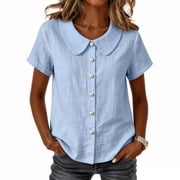 Women's Cotton Linen Babydoll Blouses Summer Trendy Short Sleeve Pearl Button Down Shirts Loose Fit Daily Wear Tops Light Blue