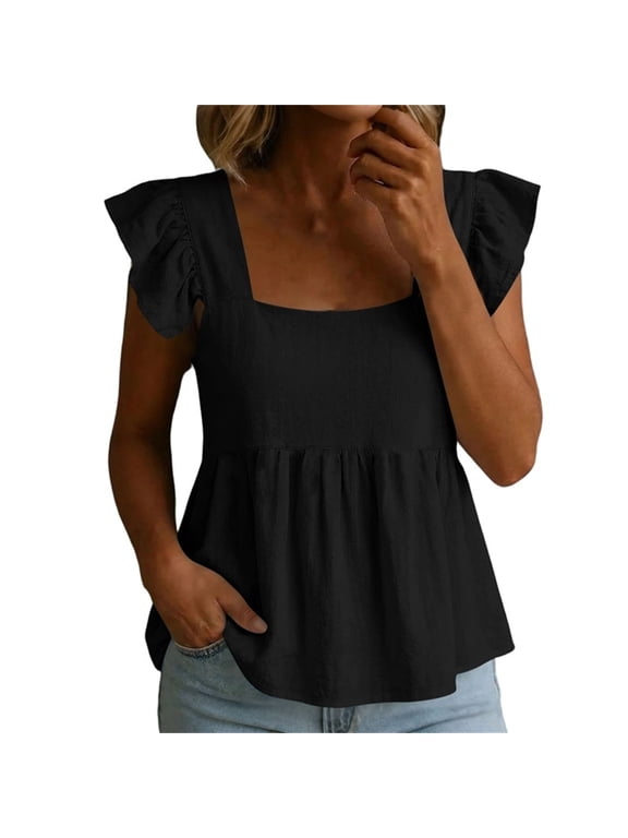 Women's Cotton Linen Babydoll Tops Square Neck Flutter Sleeve Shirt Summer Fashion Cute Ruffle Peplum Blouses