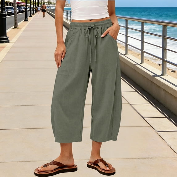 Women's Cotton Linen Banana Pants – Cropped Length Loose Fit with Elastic Waistband, Casual Summer Trousers