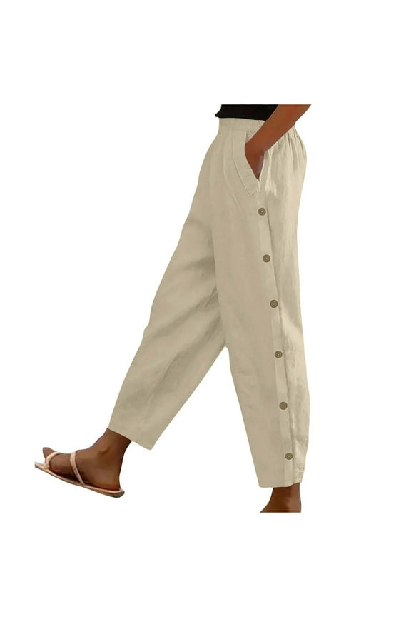 Women's Cotton Linen Beach Pants Casual Side Split Snap Button Vacation Pant Lightweight Loose Fashion Comfy Trousers with Pocket
