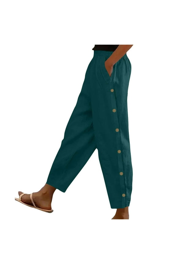 Women's Cotton Linen Beach Pants Casual Side Split Snap Button Vacation Pant Lightweight Loose Fashion Comfy Trousers with Pocket