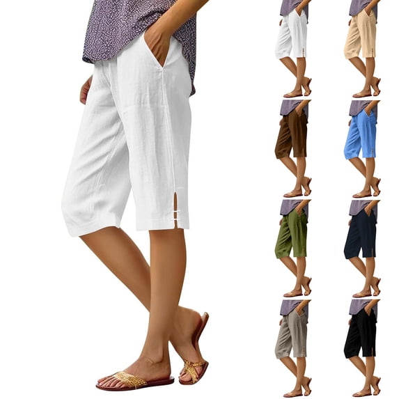 Women's Cotton Linen Bermuda Shorts Elastic Waist Drawstring Casual Knee-Length Shorts with Pockets Brown M