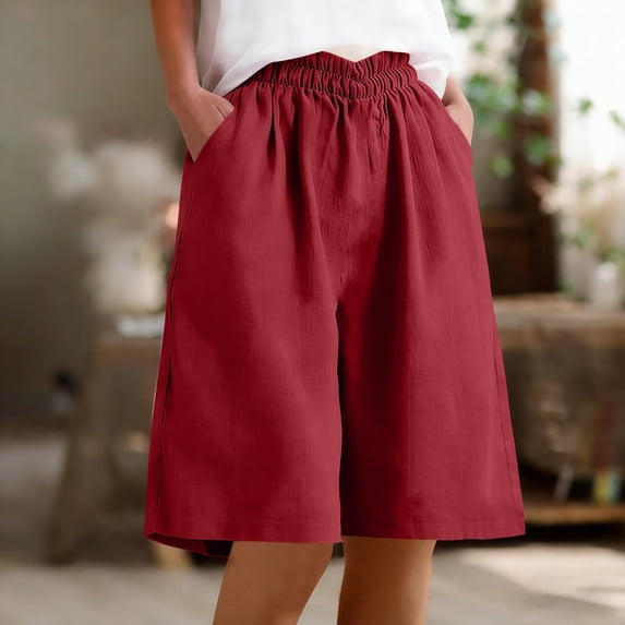 Women's Cotton Linen Bermuda Shorts, Elastic Waist Loose Fit 5 Inch Shorts with Side Pockets, Casual Summer Solid Color Knee Length Shorts for Daily Lounge Vacation Wear 07-Red XL