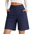 thumbnail image 1 of Women's Cotton Linen Bermuda Shorts, High Waisted Summer Casual Shorts with Pockets, Knee Length Wide Waistband Shorts, S-2XL, 1 of 3