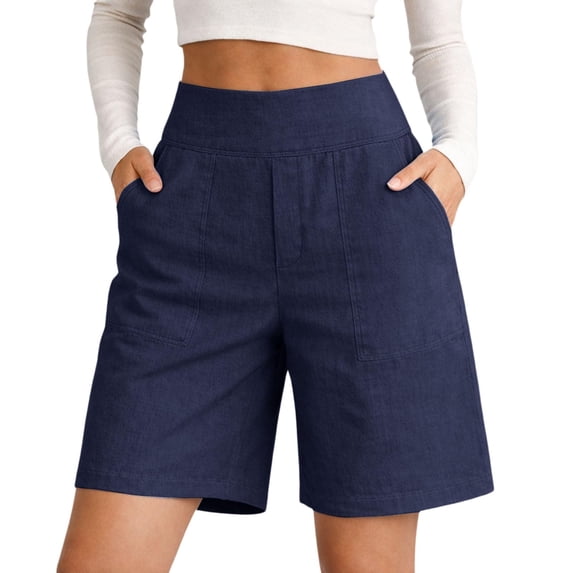 Women's Cotton Linen Bermuda Shorts, High Waisted Summer Casual Shorts with Pockets, Knee Length Wide Waistband Shorts, S-2XL