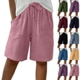 thumbnail image 1 of Women's Cotton Linen Bermuda Shorts Knee Length Elastic Waist Loose Fit Summer Casual Shorts with Pockets, #03 Pink, XXL, 1 of 7