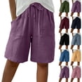 thumbnail image 1 of Women's Cotton Linen Bermuda Shorts Knee Length Elastic Waist Loose Fit Summer Casual Shorts with Pockets, #03 Purple, XXL, 1 of 7