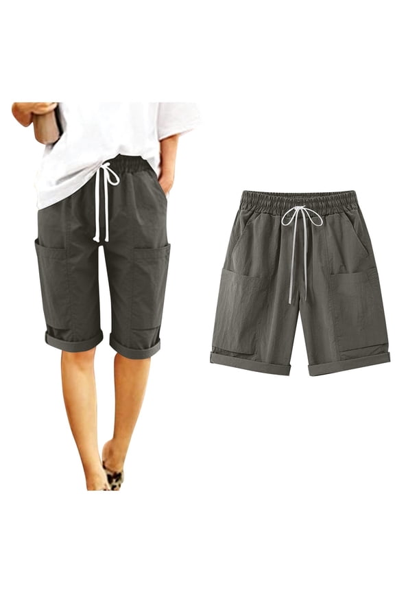 Women's Cotton Linen Bermuda Shorts Loose Elastic Waist Drawstring Knee Length Shorts Womens Casual Solid Plus Size Baggy Relaxed Lightweight Comfy Beach Cropped Pants
