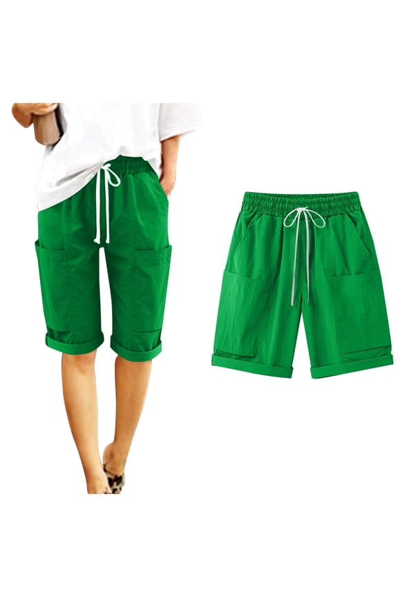 Women's Cotton Linen Bermuda Shorts Loose Elastic Waist Drawstring Knee Length Shorts Womens Casual Solid Plus Size Baggy Relaxed Lightweight Comfy Beach Cropped Pants