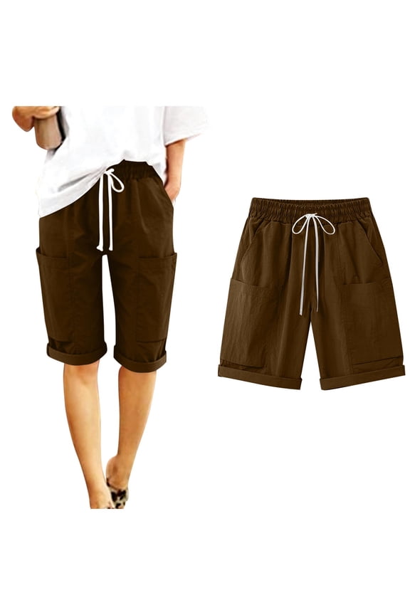 Women's Cotton Linen Bermuda Shorts Loose Elastic Waist Drawstring Knee Length Shorts Womens Casual Solid Plus Size Baggy Relaxed Lightweight Comfy Beach Cropped Pants