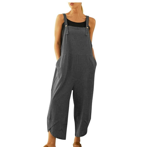 Women's Cotton Linen Bib Overalls Casual Baggy Sleeveless Adjustable Strap Jumpsuits Plus Size Wide Leg Rompers