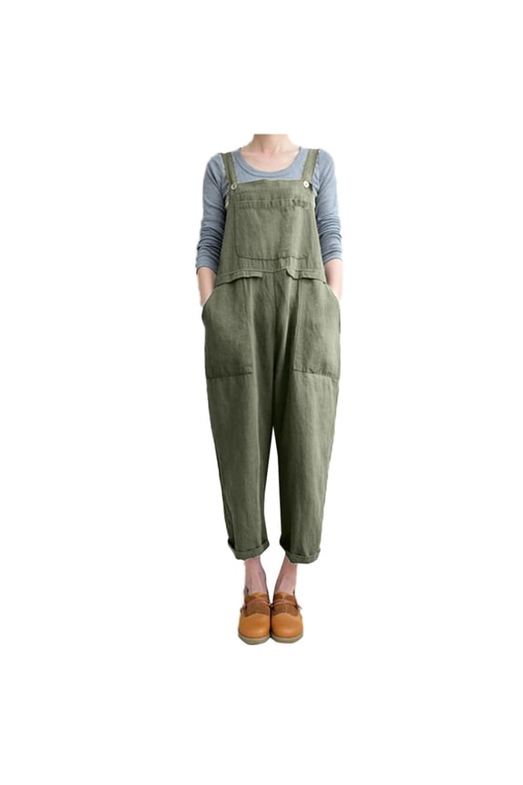 Women's Cotton Linen Bib Overalls Casual Sleeveless Buttons Suspenders Wide Leg Romper Summer Jumpsuits with Pockets