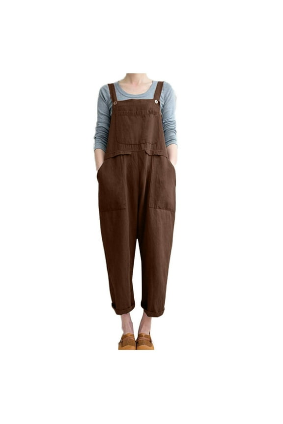 Women's Cotton Linen Bib Overalls Casual Sleeveless Buttons Suspenders Wide Leg Romper Summer Jumpsuits with Pockets