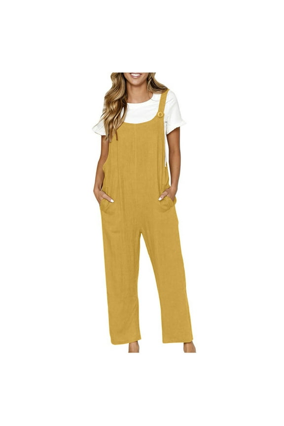 Women's Cotton Linen Bib Overalls Casual baggy Sleeveless Button Adjustable Wide Leg Romper Jumpsuit with Pockets Ladies Clothes