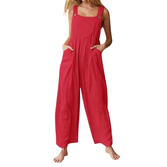 Women's Cotton Linen Bib Overalls Summer Casual Baggy Sleeveless Button Suspenders Wide Leg Rompers with Pockets