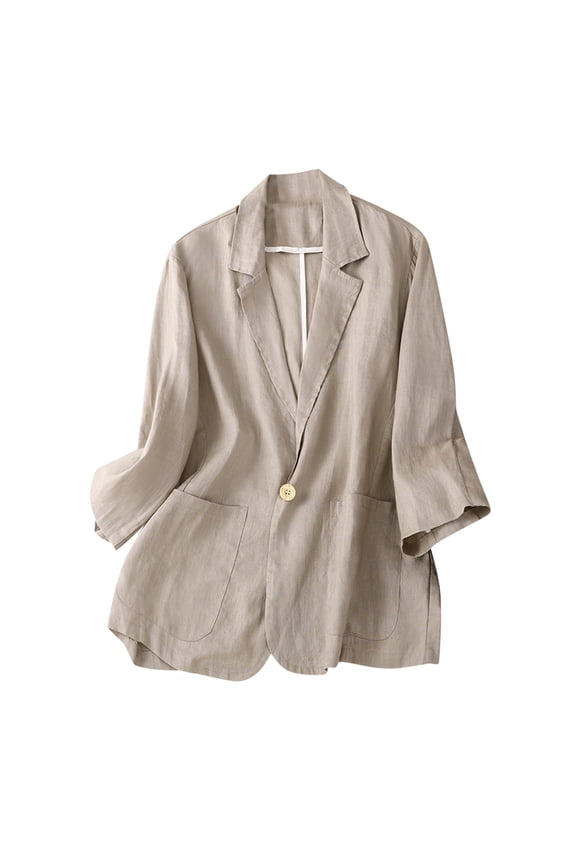 Women's Cotton Linen Blazer Long Sleeves Loose Fit Basic Jacket Business Casual Lightweight Summer Blazers Solid Color Work Coat Elegant Blazer with 1 Button Pockets