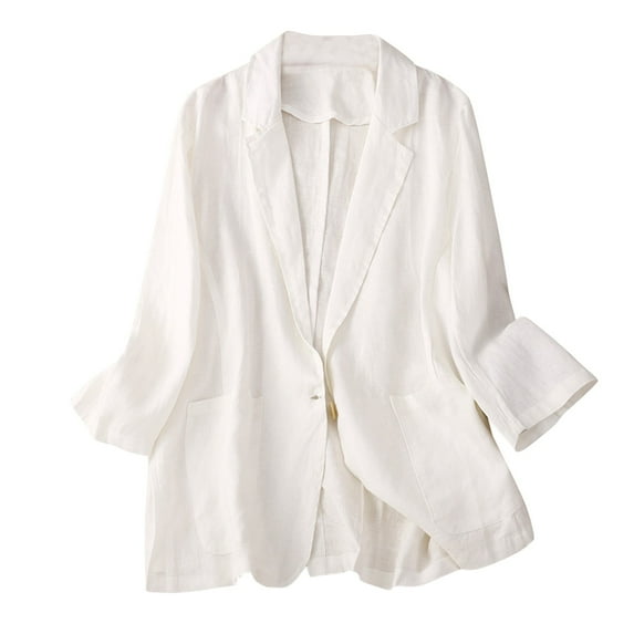 Women's Cotton Linen Blazer Long Sleeves Loose Fit Basic Jacket Business Casual Lightweight Summer Blazers Solid Color Work Coat Elegant Blazer with 1 Button Pockets