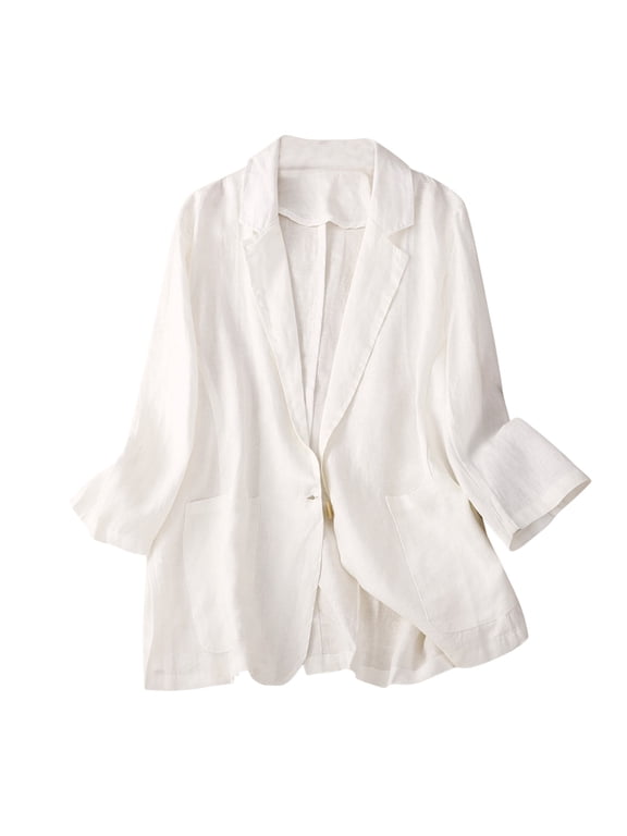 Women's Cotton Linen Blazer Long Sleeves Loose Fit Basic Jacket Business Casual Lightweight Summer Blazers Solid Color Work Coat Elegant Blazer with 1 Button Pockets