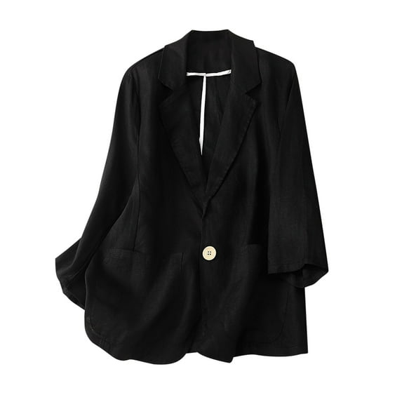 Women's Cotton Linen Blazer Long Sleeves Loose Fit Basic Jacket Business Casual Lightweight Summer Blazers Solid Color Work Coat Elegant Blazer with 1 Button Pockets