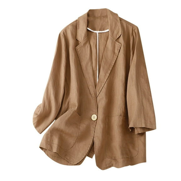 Women's Cotton Linen Blazer Long Sleeves Loose Fit Basic Jacket Business Casual Lightweight Summer Blazers Solid Color Work Coat Elegant Blazer with 1 Button Pockets