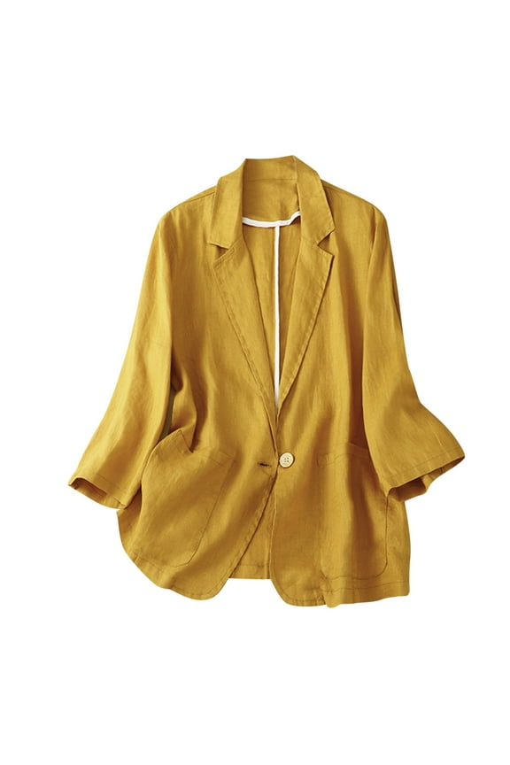 Women's Cotton Linen Blazer Long Sleeves Loose Fit Basic Jacket Business Casual Lightweight Summer Blazers Solid Color Work Coat Elegant Blazer with 1 Button Pockets