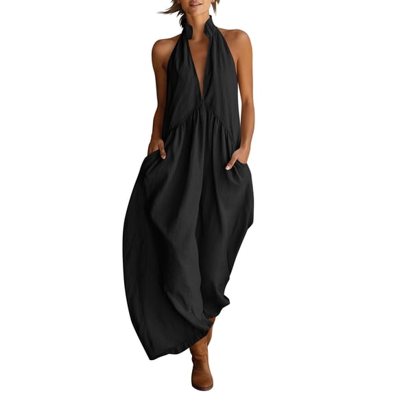 Women's Cotton Linen Blend Halter Neck Maxi Dress Backless Ruched Detail Side Pockets Casual Summer Black