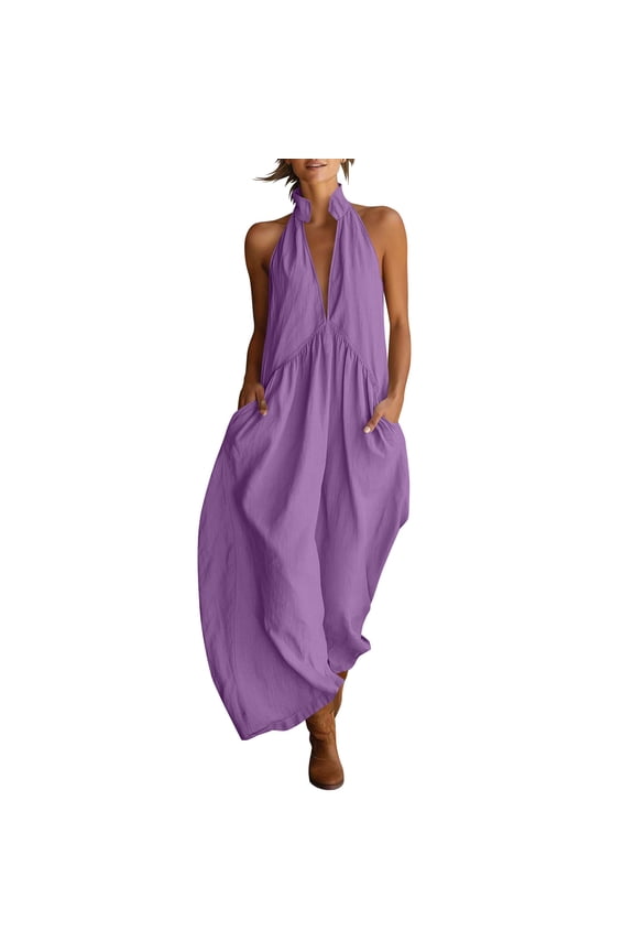 Women's Cotton Linen Blend Halter Neck Maxi Dress Backless Ruched Detail Side Pockets Casual Summer Purple