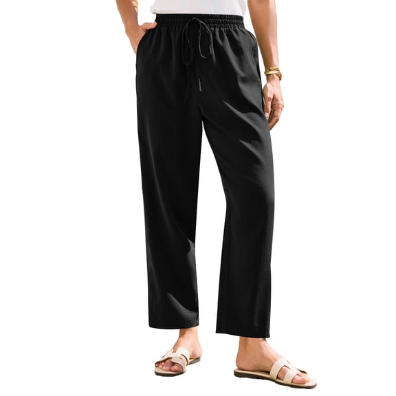 Women's Cotton Linen Blend High Waist Drawstring Pencil Pants with Button Pockets, Summer Casual Trousers for Daily Wear, Comfortable Breathable Women's Work Pants,Black L