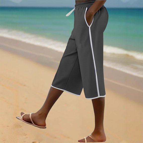 Women's Cotton Linen Blend High Waist Wide Leg Palazzo Pants - Solid Color Casual Cropped Capris with Pockets for Summer, Beach, Travel Gray S-2XL