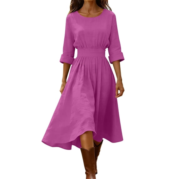 Women's Cotton Linen Blend Midi Dress Round Neck 3/4 Sleeve Solid Color Casual A-Line Dress with Back Zipper for Spring Summer Hot Pink XL(XL)