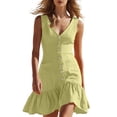 thumbnail image 1 of Women's Cotton Linen Blend Mini Dress V-Neck Sleeveless Button Down Ruffle Hem A-Line Casual Summer Dress for Everyday Beach Wear Green XXL(XXL), 1 of 7