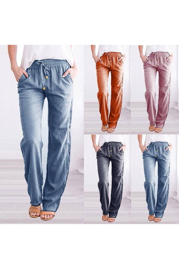 Women's Cotton Linen Blend Pants, High Waist Drawstring Wide Leg Casual Trousers, Elastic Waist Straight Leg Pants with Pockets, Comfy Lounge Wear for Daily, Spring and Summe-Pink