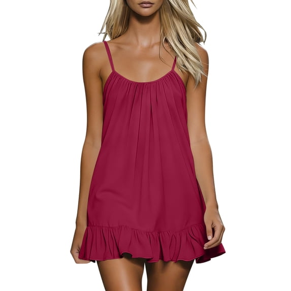 Women's Cotton Linen Blend Spaghetti Strap Mini Dress Ruffle Hem Backless Solid Color Casual Summer Hot Pink