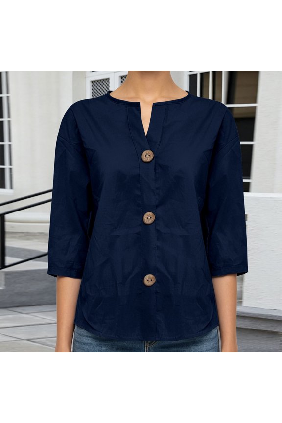Women's Cotton Linen Blend Split V Neck Blouse,Oversized Wooden Button 3/4 Sleeve Loose Fit,Daily Casual Summer Top for Women,Relaxed Fit Solid Color V Neck Blouse with Hem Slit Blue M