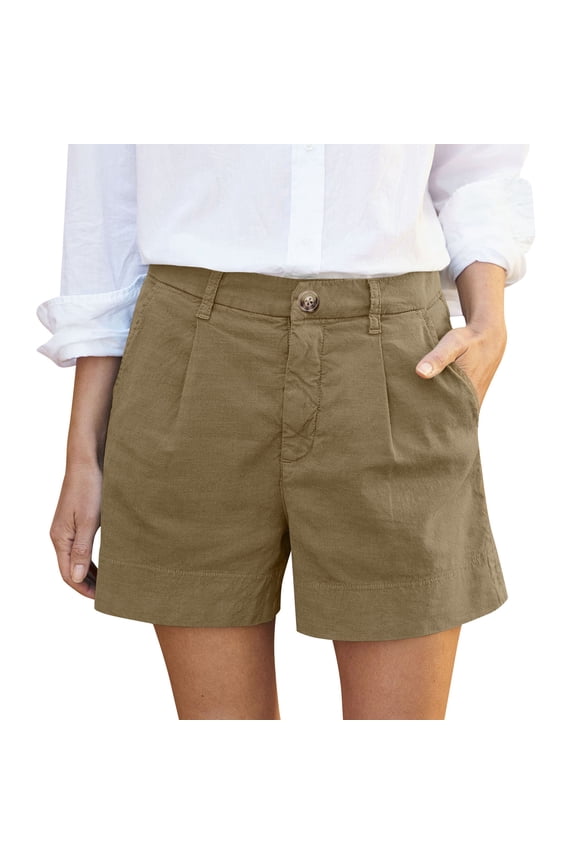 Women's Cotton Linen Blend Stretchy Shorts with Side Pockets, Slim Fit Button-Fly Design - No Zipper Soft Summer Casual Shorts for Outdoor & Daily Wear,Camel L