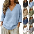 thumbnail image 1 of Women's Cotton Linen Blend T-Shirts 3/4 Sleeve V Neck Loose Fit Casual Tops Summer Pullover Shirts Daily Wear Gray S, 1 of 7