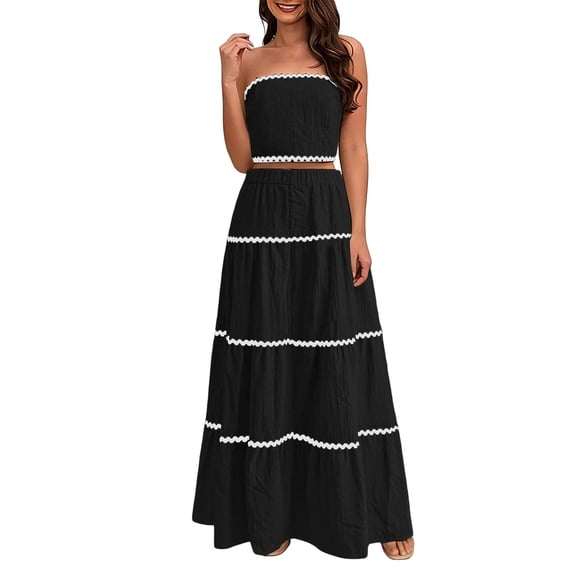 Women's Cotton Linen Blend Two Piece Set Strapless Crop Top Tiered Maxi Skirt Scallop Trim Outfit Suit for Beach Vacation & Wedding Guest Wear Black M