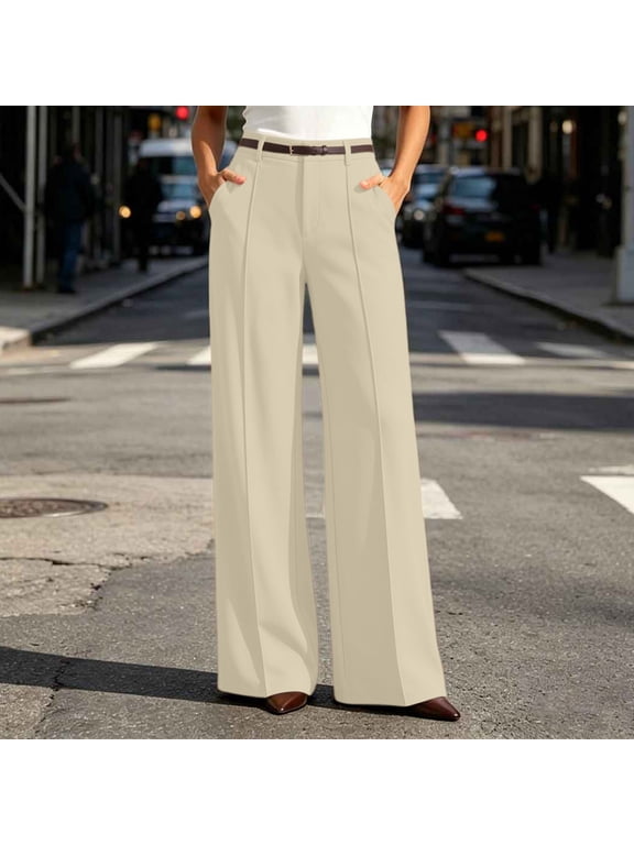 Women's Cotton Linen Blend Wide Leg Trousers, Mid Waisted Straight Leg with Pockets, Casual Drawstring Elastic Waist Pants, Business Casual Office Wear Summer, Loose Flow Pants