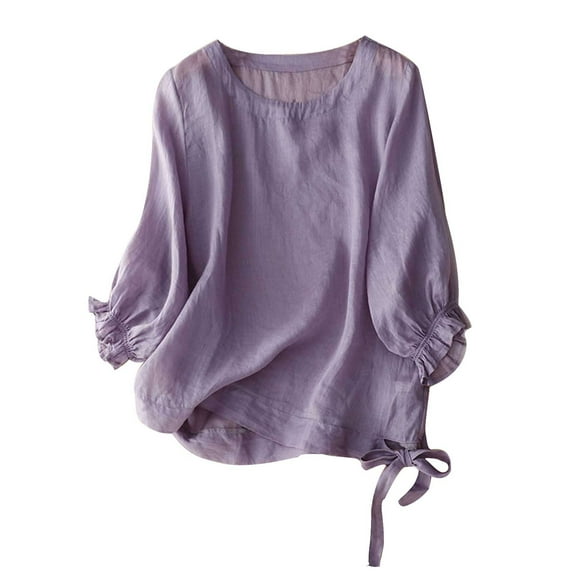 Women's Cotton Linen Blouse Cute Tunics Tops Shirt With Ruffled Sleeves,Womens Tops Dressy Casual Blouses Scroop Neck Shirts