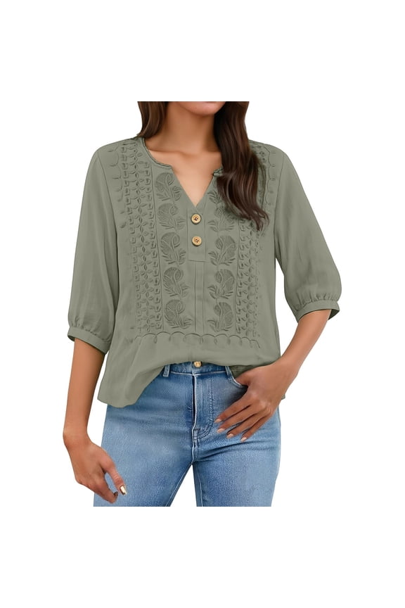 Women's Cotton Linen Blouse，Linen 3/4 Sleeve Tops Womens Boho Tops And Blouses Embroidery Shirts For Women Women's Peasant Tops Hemp Shirt Women Lightweight Cotton Linen Summer Tops V Neck