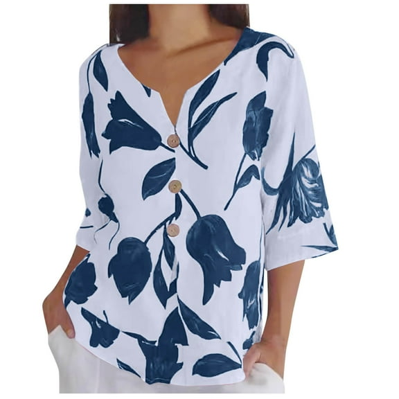 Women's Cotton Linen Blouse Shirt Boho Floral Button Down 3/4 Sleeves V Neck Casual Loose Tunic Top for Summer