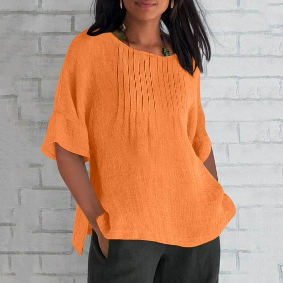 Women's Cotton Linen Blouse, Short Sleeve Crewneck Loose Fit Tunic Top, Solid Color Casual Shirt for Women