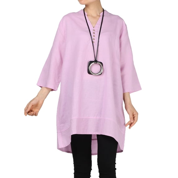 Women's Cotton Linen Blouse V-Neck Tunic Tops 3/4 Sleeve Shirt Clothing Pink M