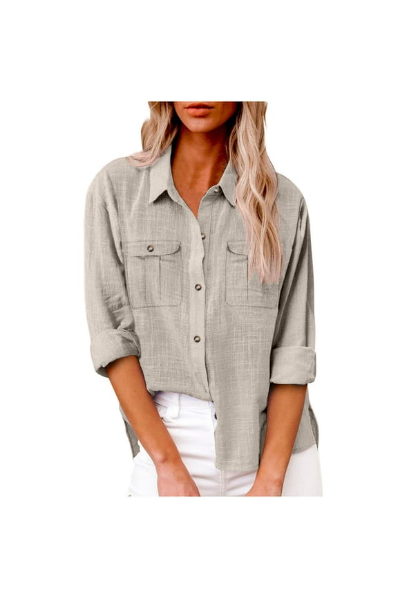 Women's Cotton Linen Blouses Long Sleeve Henley Shirts Button Down V Neck Casual Business Work Tops with Two Pockets