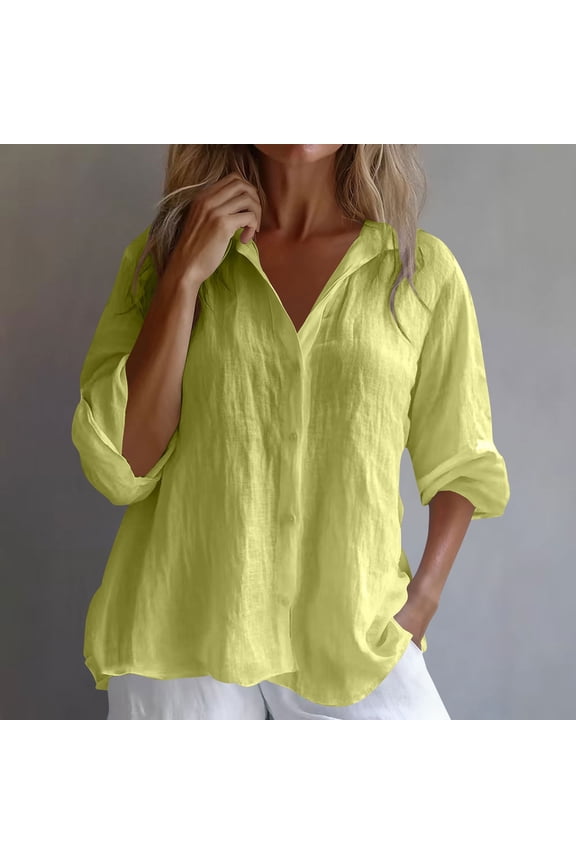 Women's Cotton Linen Blouses Top Oversized Lapel V Neck Hidden Button Long Sleeve T Shirts Summer Casual Solid Plus Size Loose Comfy Work Office Shirt