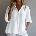 thumbnail image 1 of Women's Cotton Linen Blouses Top Oversized Lapel V Neck Hidden Button Long Sleeve T Shirts Summer Casual Solid Plus Size Loose Comfy Work Office Shirt, 1 of 7